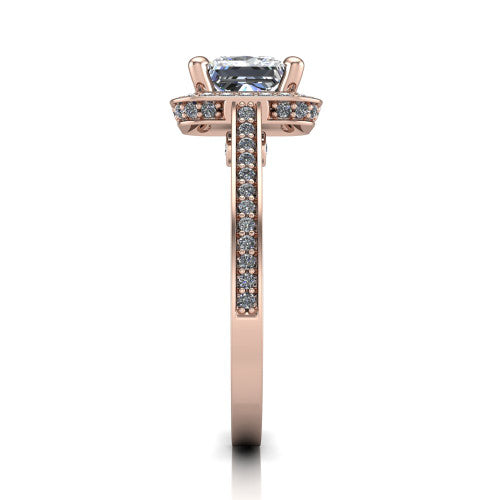 Giselle princess halo engagement ring in 14K Rose Gold, side profile showing the milgrain pav&eacute; band and gallery accent in profile