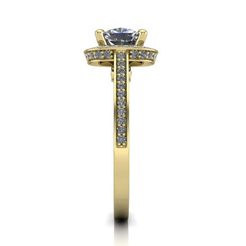 Giselle cushion halo engagement ring in 14K Yellow Gold, side profile showing the milgrain pav&eacute; band and gallery accent in profile