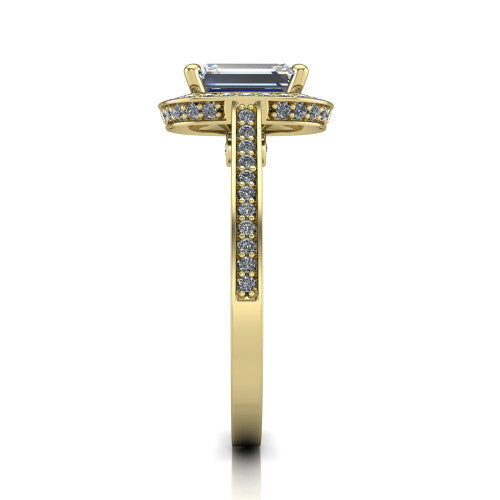 Giselle emerald halo engagement ring in 18K Yellow Gold, side profile showing the milgrain pav&eacute; band and gallery accent in profile