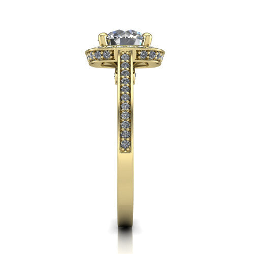 Giselle round halo engagement ring in 18K Yellow Gold, side profile showing the milgrain pav&eacute; band and gallery accent in profile