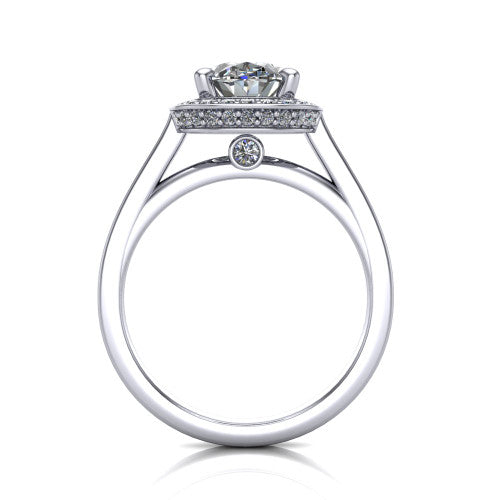 Giselle oval halo engagement ring in Platinum, through-finger front profile showing the cathedral gallery with a bezel-set peekaboo diamond beneath the center