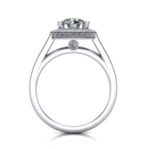 Giselle round halo engagement ring in Platinum, through-finger front profile showing the cathedral gallery with a bezel-set peekaboo diamond beneath the center