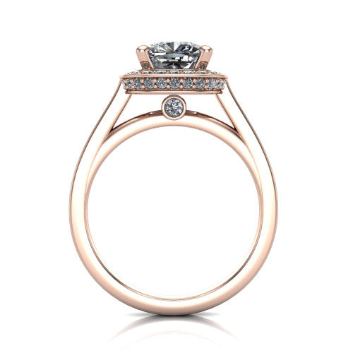 Giselle cushion halo engagement ring in 18K Rose Gold, through-finger front profile showing the cathedral gallery with a bezel-set peekaboo diamond beneath the center