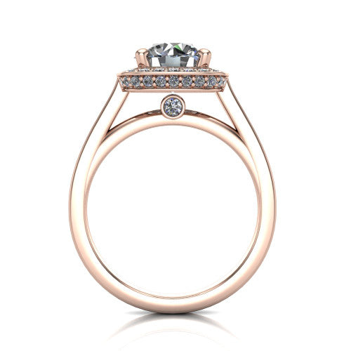 Giselle round halo engagement ring in 14K Rose Gold, through-finger front profile showing the cathedral gallery with a bezel-set peekaboo diamond beneath the center