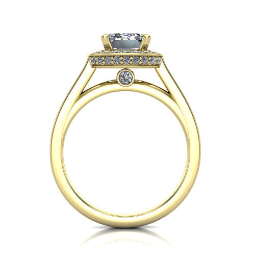 Giselle emerald halo engagement ring in 14K Yellow Gold, through-finger front profile showing the cathedral gallery with a bezel-set peekaboo diamond beneath the center