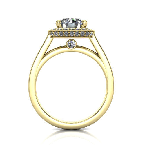 Giselle round halo engagement ring in 18K Yellow Gold, through-finger front profile showing the cathedral gallery with a bezel-set peekaboo diamond beneath the center