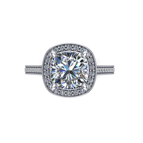 Giselle cushion halo engagement ring in 18K White Gold, top-down view showing the center framed by a cushion milgrain pav&eacute; halo with compass prongs