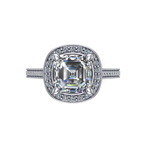 Giselle square emerald halo engagement ring in 18K White Gold, top-down view showing the center framed by a square milgrain pav&eacute; halo with compass prongs