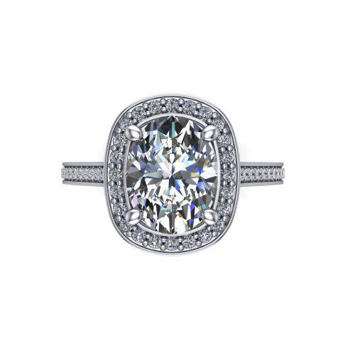 Giselle oval halo engagement ring in Platinum, top-down view showing the center framed by a oval milgrain pav&eacute; halo with compass prongs