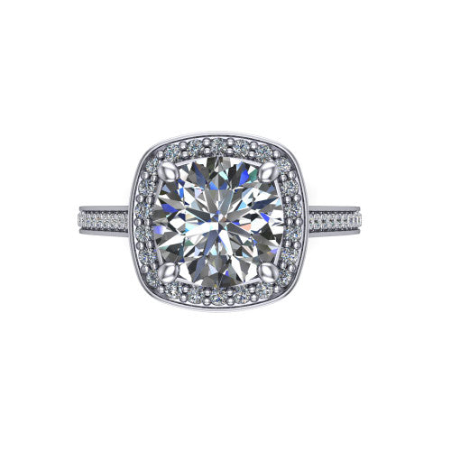 Giselle round halo engagement ring in Platinum, top-down view showing the center framed by a round milgrain pav&eacute; halo with compass prongs