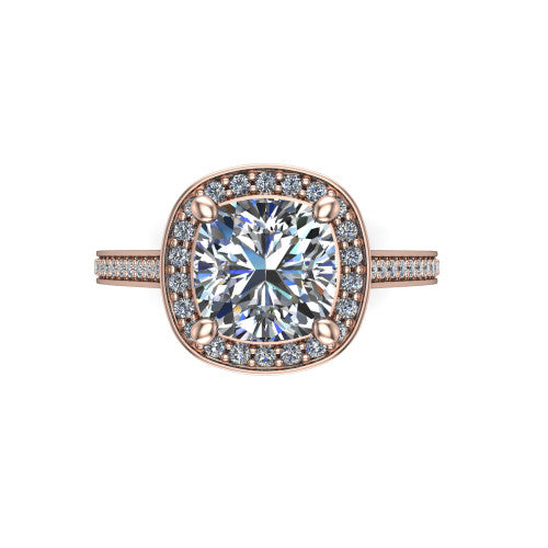 Giselle cushion halo engagement ring in 14K Rose Gold, top-down view showing the center framed by a cushion milgrain pav&eacute; halo with compass prongs
