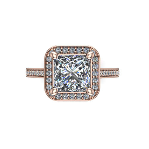 Giselle princess halo engagement ring in 14K Rose Gold, top-down view showing the center framed by a square milgrain pav&eacute; halo with compass prongs