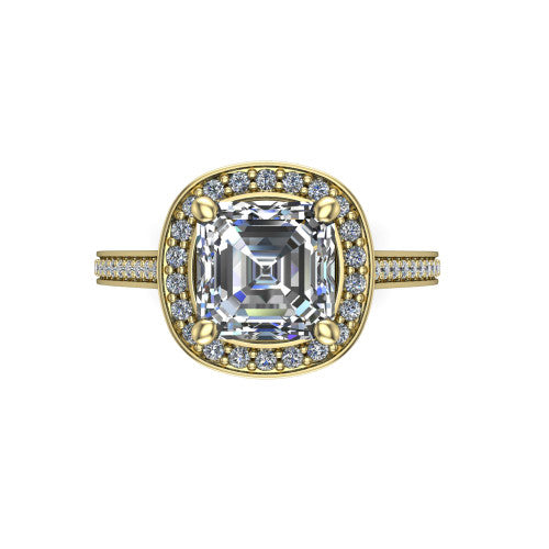 Giselle square emerald halo engagement ring in 18K Yellow Gold, top-down view showing the center framed by a square milgrain pav&eacute; halo with compass prongs