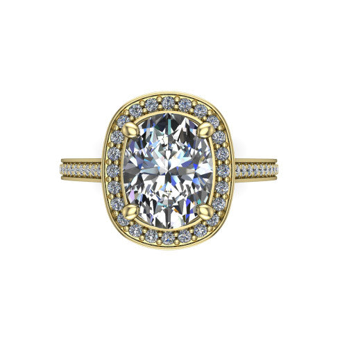 Giselle oval halo engagement ring in 14K Yellow Gold, top-down view showing the center framed by a oval milgrain pav&eacute; halo with compass prongs