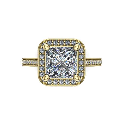 Giselle princess halo engagement ring in 18K Yellow Gold, top-down view showing the center framed by a square milgrain pav&eacute; halo with compass prongs