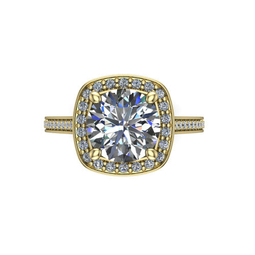 Giselle round halo engagement ring in 18K Yellow Gold, top-down view showing the center framed by a round milgrain pav&eacute; halo with compass prongs