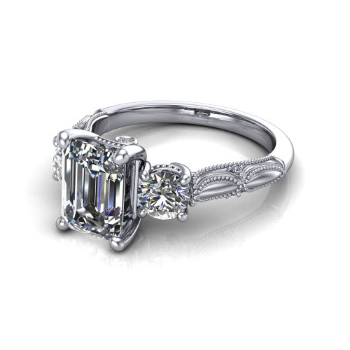 Alessia Emerald Shape Three Stone Engagement Ring in Platinum