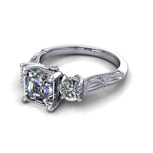 Alessia Square Emerald Shape Three Stone Engagement Ring in 18K White Gold