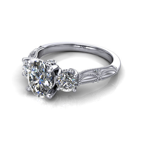 Alessia Oval Shape Three Stone Engagement Ring in 18K White Gold