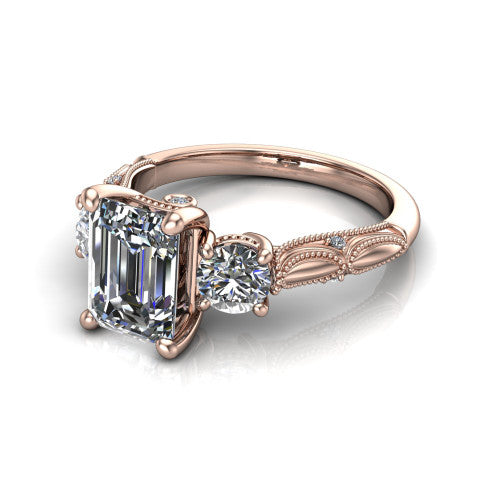 Alessia Emerald Shape Three Stone Engagement Ring in 18K Rose Gold