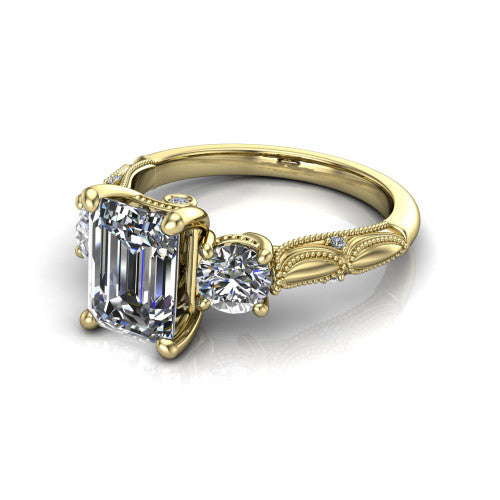 Alessia Emerald Shape Three Stone Engagement Ring in 14K Yellow Gold