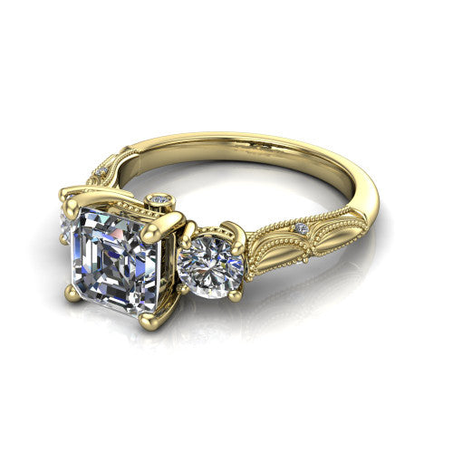 Alessia Square Emerald Shape Three Stone Engagement Ring in 14K Yellow Gold