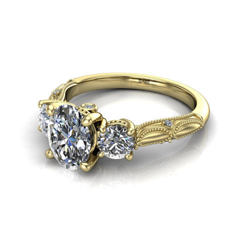 Alessia Oval Shape Three Stone Engagement Ring in 14K Yellow Gold