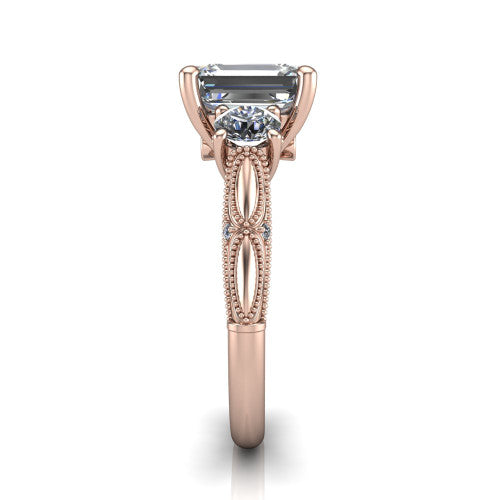 Alessia Emerald Shape Three Stone Engagement Ring in 18K Rose Gold