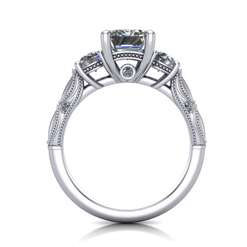Alessia Emerald Shape Three Stone Engagement Ring in 18K White Gold