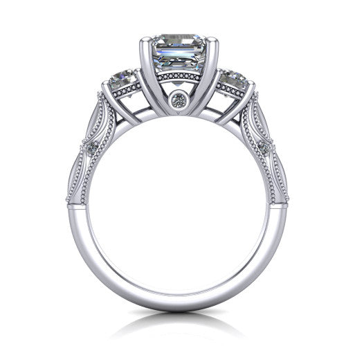 Alessia Square Emerald Shape Three Stone Engagement Ring in 18K White Gold