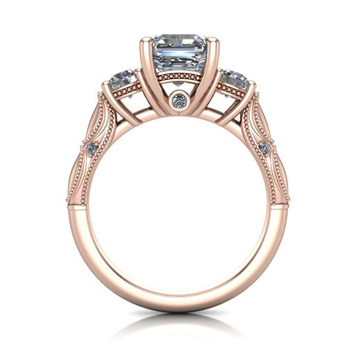 Alessia Square Emerald Shape Three Stone Engagement Ring in 18K Rose Gold
