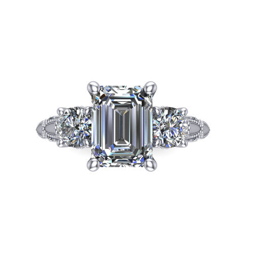Alessia Emerald Shape Three Stone Engagement Ring in 14K White Gold