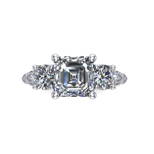 Alessia Square Emerald Shape Three Stone Engagement Ring in 18K White Gold