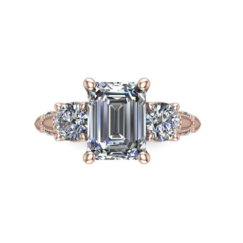 Alessia Emerald Shape Three Stone Engagement Ring in 14K Rose Gold