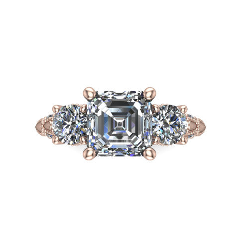 Alessia Square Emerald Shape Three Stone Engagement Ring in 18K Rose Gold