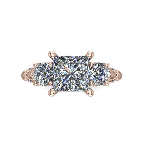 Alessia Princess Shape Three Stone Engagement Ring in 14K Rose Gold