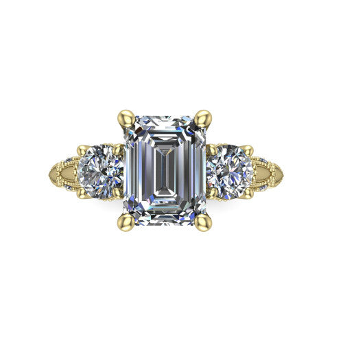 Alessia Emerald Shape Three Stone Engagement Ring in 18K Yellow Gold