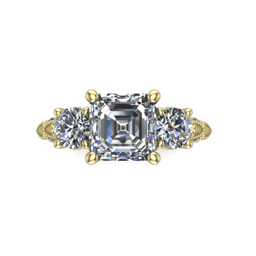 Alessia Square Emerald Shape Three Stone Engagement Ring in 18K Yellow Gold
