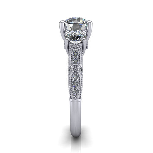 Rosemary round three stone engagement ring in 14K White Gold, side profile showing the milgrain pav&eacute; band and vintage shoulders in profile