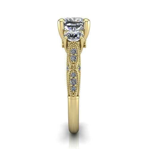 Rosemary cushion three stone engagement ring in 14K Yellow Gold, side profile showing the milgrain pav&eacute; band and vintage shoulders in profile