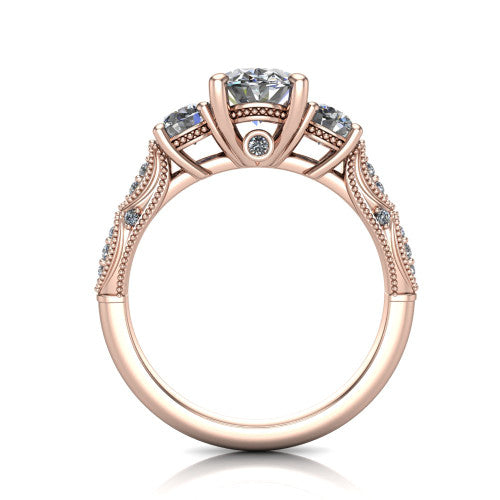 Rosemary oval three stone engagement ring in 14K Rose Gold, through-finger front profile showing the filigree gallery and milgrain detailing beneath the center
