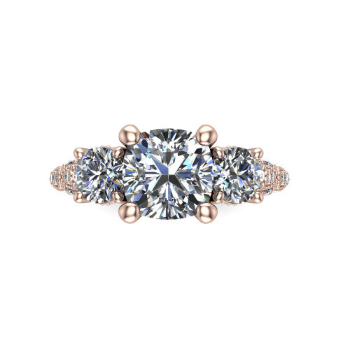 Rosemary cushion three stone engagement ring in 14K Rose Gold, top-down view showing the center stone flanked by two round side stones from above