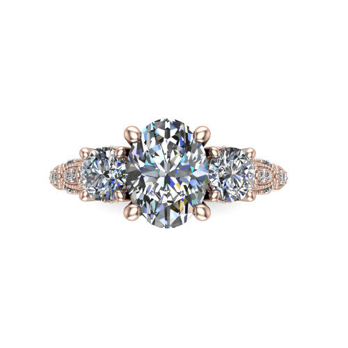 Rosemary oval three stone engagement ring in 14K Rose Gold, top-down view showing the center stone flanked by two round side stones from above