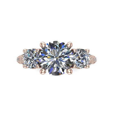Rosemary round three stone engagement ring in 18K Rose Gold, top-down view showing the center stone flanked by two round side stones from above