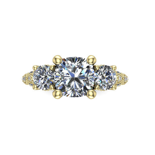 Rosemary cushion three stone engagement ring in 18K Yellow Gold, top-down view showing the center stone flanked by two round side stones from above