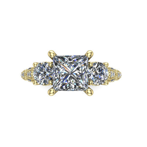 Rosemary princess three stone engagement ring in 14K Yellow Gold, top-down view showing the center stone flanked by two round side stones from above
