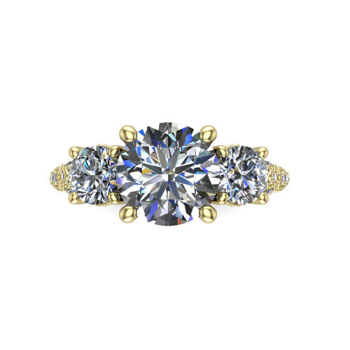 Rosemary round three stone engagement ring in 18K Yellow Gold, top-down view showing the center stone flanked by two round side stones from above
