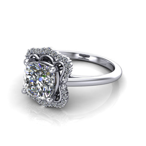 Heidi cushion vintage halo engagement ring in 14K White Gold, three-quarter perspective showing the center in a quatrefoil clover halo above a plain band