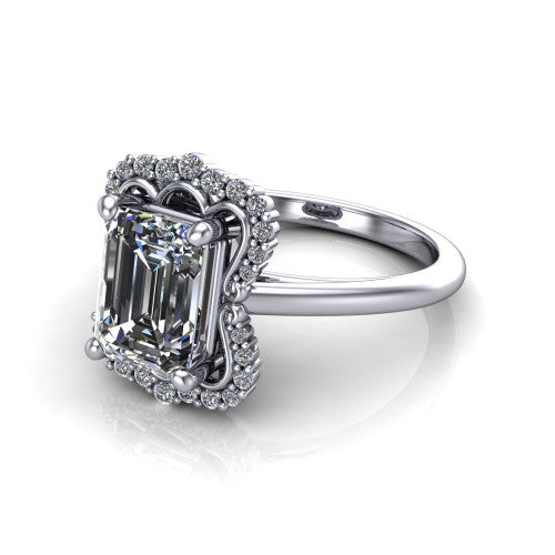 Heidi emerald vintage halo engagement ring in 14K White Gold, three-quarter perspective showing the center in a quatrefoil clover halo above a plain band