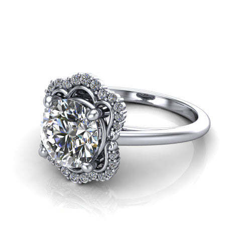 Heidi round vintage halo engagement ring in 18K White Gold, three-quarter perspective showing the center in a quatrefoil clover halo above a plain band